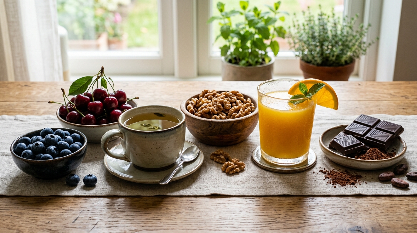 Fresh blueberries, dark chocolate pieces, and green tea on a wooden kitchen counter