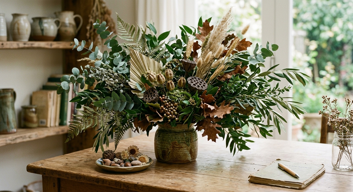 Botanical accent with dried leaves and natural elements
