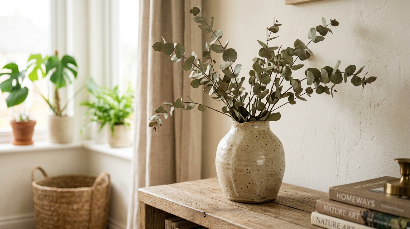 Handcrafted ceramic vase with dried eucalyptus branches in soft natural light