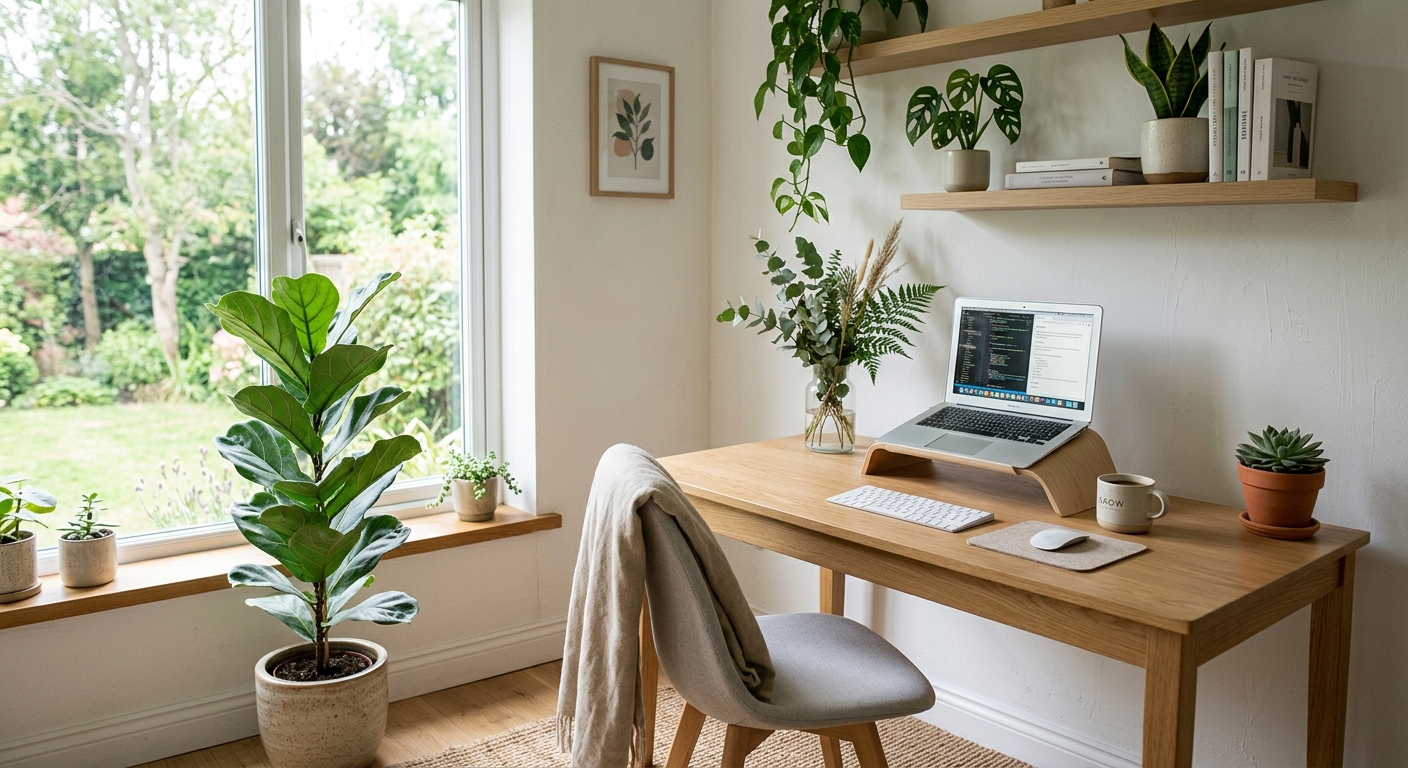 Minimalist workspace with botanical elements and natural light